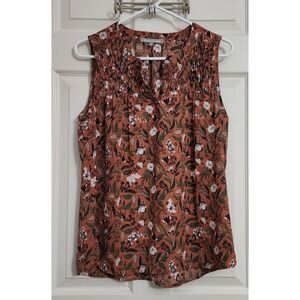 Danielrainn Women's Rust Floral Smocked V Neck Sleeveless Blouse Top Medium A11